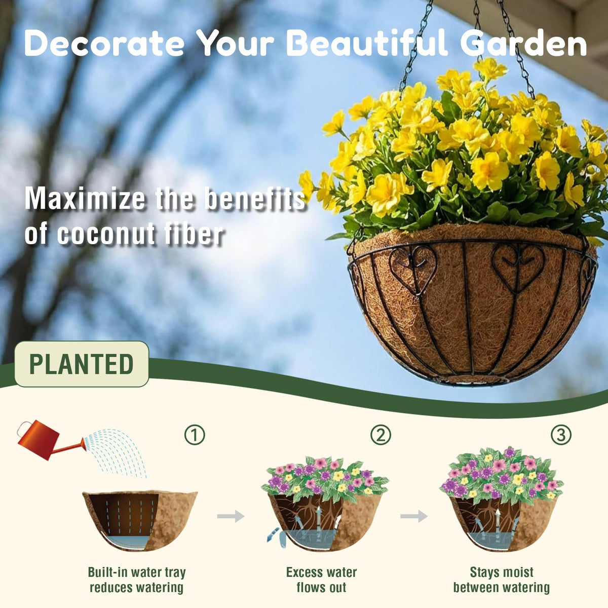 Growvy hanging basket liner enhances outdoor decor and green spaces.