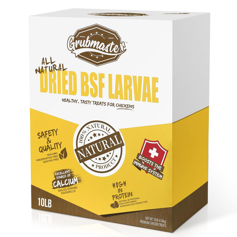 GRUBMASTER dried BSF larvae bag front, a natural chicken treat