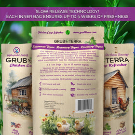 GrubTerra coop bedding deodorizer for bedding and sand reduces smells around nesting pads