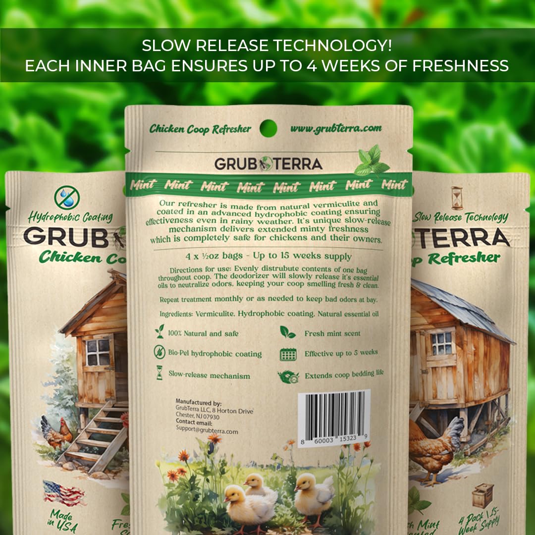 GrubTerra coop refresher mint scent applied to bedding for freshness