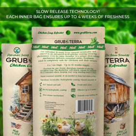 GrubTerra coop refresher mint scent applied to bedding for freshness