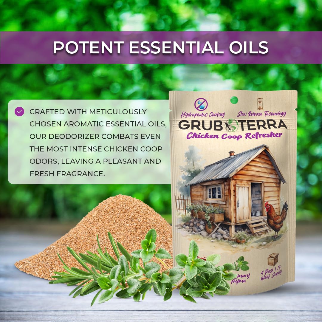 GrubTerra sprinkle application on litter and nesting areas for simple odor management