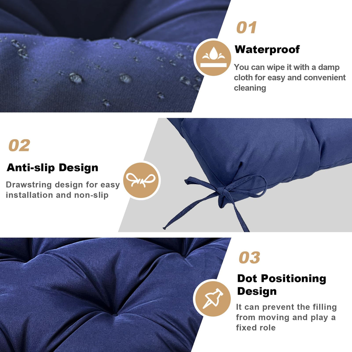 Gruywc outdoor bench cushion with non-slip belt prevents sliding on furniture.
