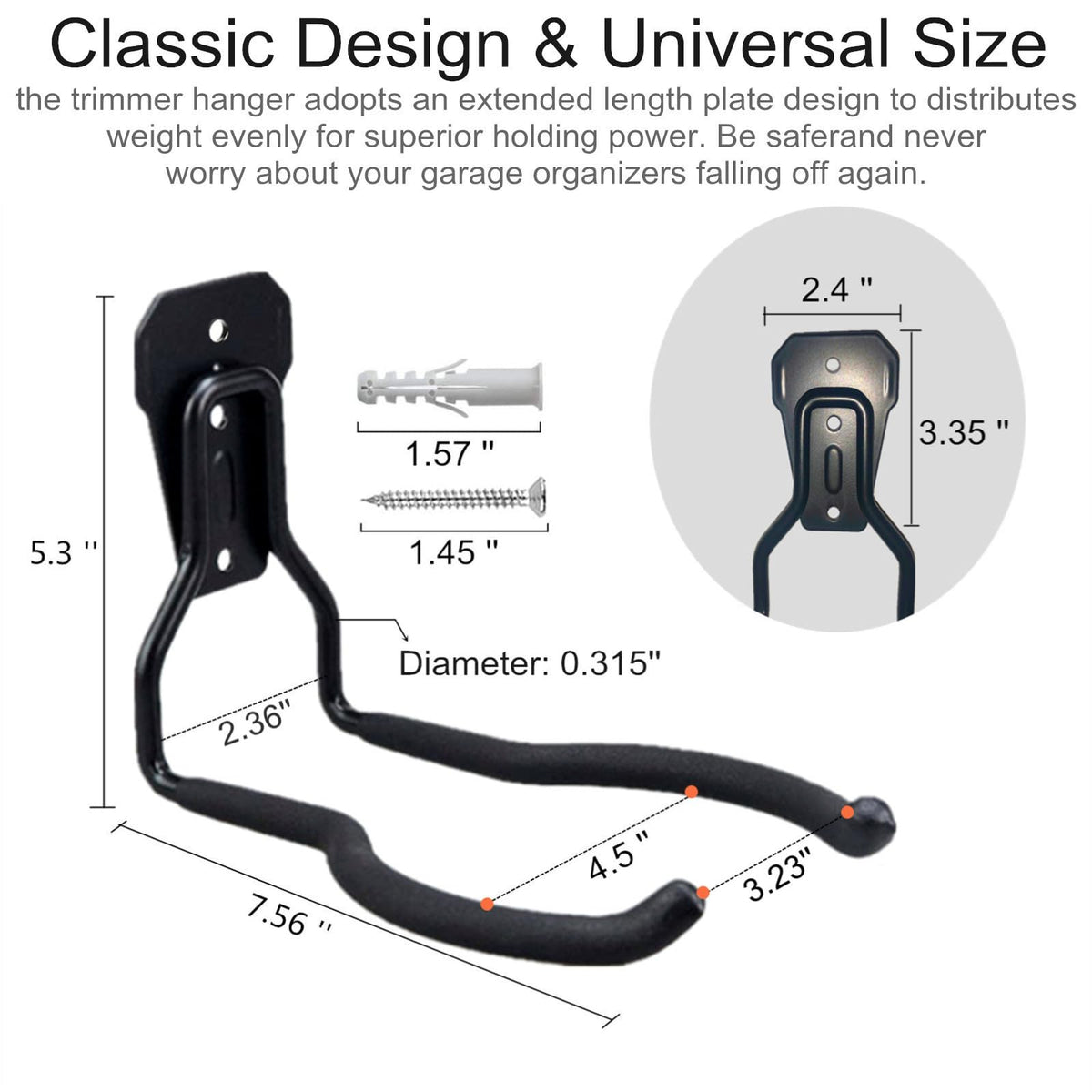 GS Alderaul string trimmer holder bracket demonstrates easy wall mounting and space-saving storage.