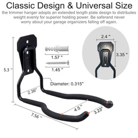 GS Alderaul string trimmer holder bracket demonstrates easy wall mounting and space-saving storage.