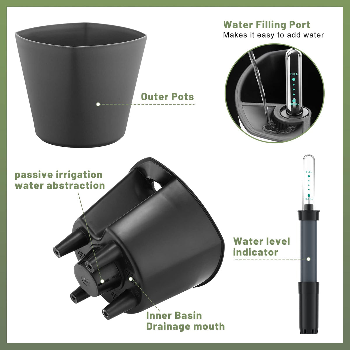 GS Garden self-watering planter 7-inch water level indicator closeup for refilling reminders.