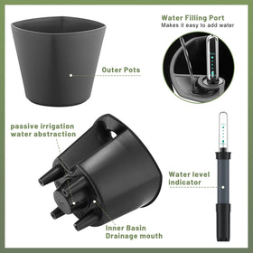 GS Garden self-watering planter 7-inch water level indicator closeup for refilling reminders.
