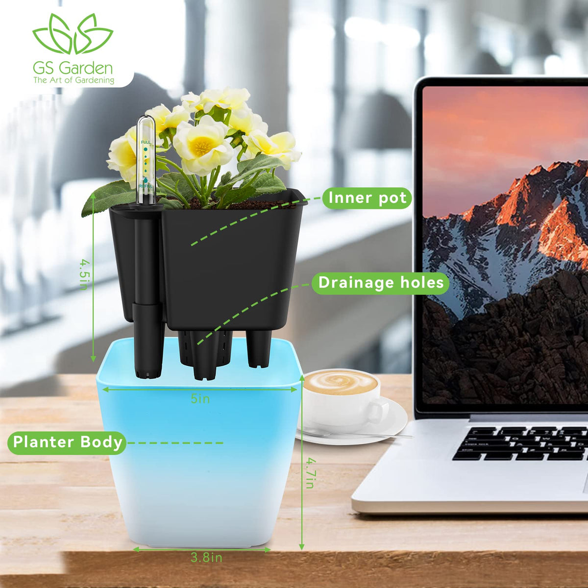GS Garden self-watering planters with water level indicator help monitor moisture at a glance