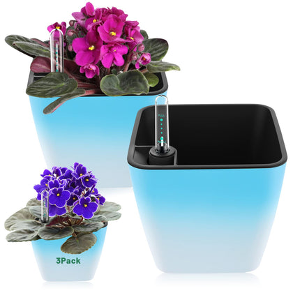 GS Garden self-watering planters in gradient blue for indoor plant hydration and easy care