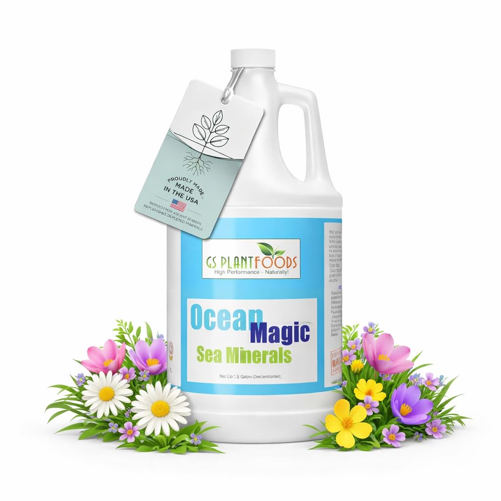 GS Plant Foods Ocean Magic sea minerals bottle for soil mineral balance.