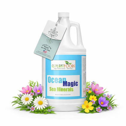 GS Plant Foods Ocean Magic sea minerals bottle for soil mineral balance.