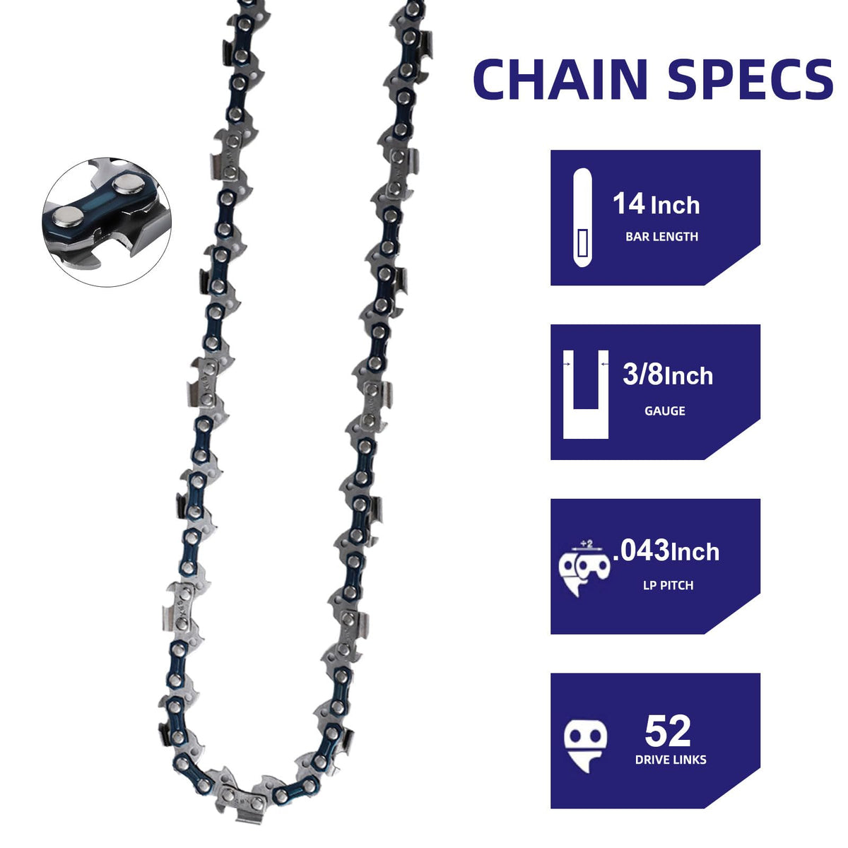 GSSHBR 14-inch chain teeth close-up shows hardened rivets for strength and durability