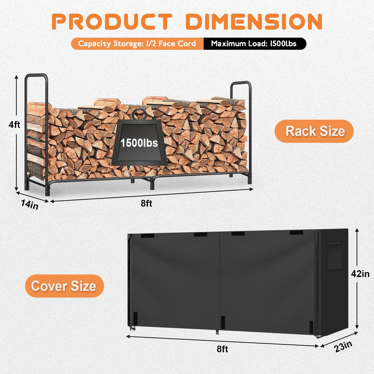 Gtongoko 8ft firewood rack front view highlights ample storage for half-cord of wood