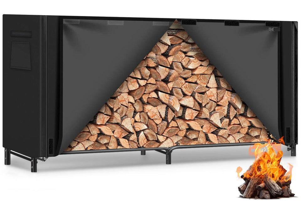 Gtongoko 8ft firewood rack side view shows sturdy iron frame and rust-resistant finish