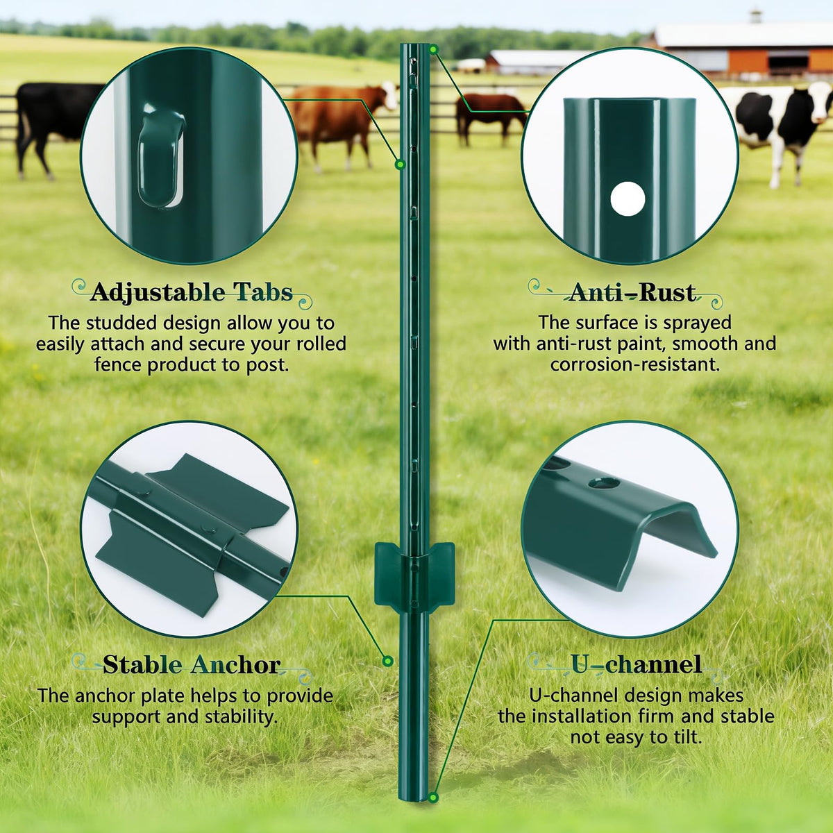Gtongoko post with adjustable tabs securely attaches wire fencing for versatility.