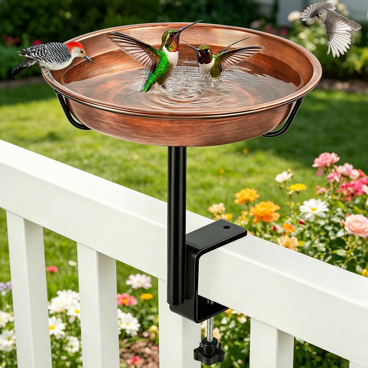 Gtongoko deck-mounted bird bath on railing with adjustable clamp for stable outdoor use