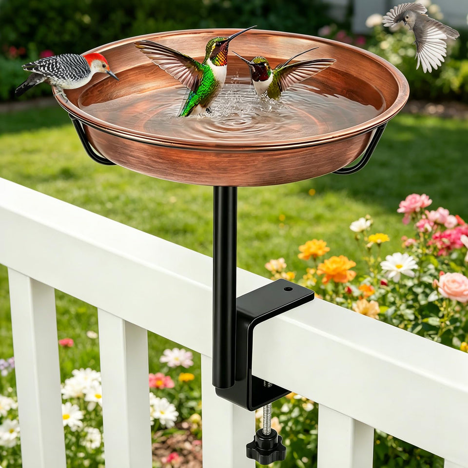 Gtongoko deck-mounted bird bath on railing with adjustable clamp for stable outdoor use