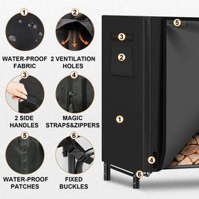 Gtongoko firewood rack cover closeup shows waterproof PVC-coated 600D fabric designed to protect wood from moisture