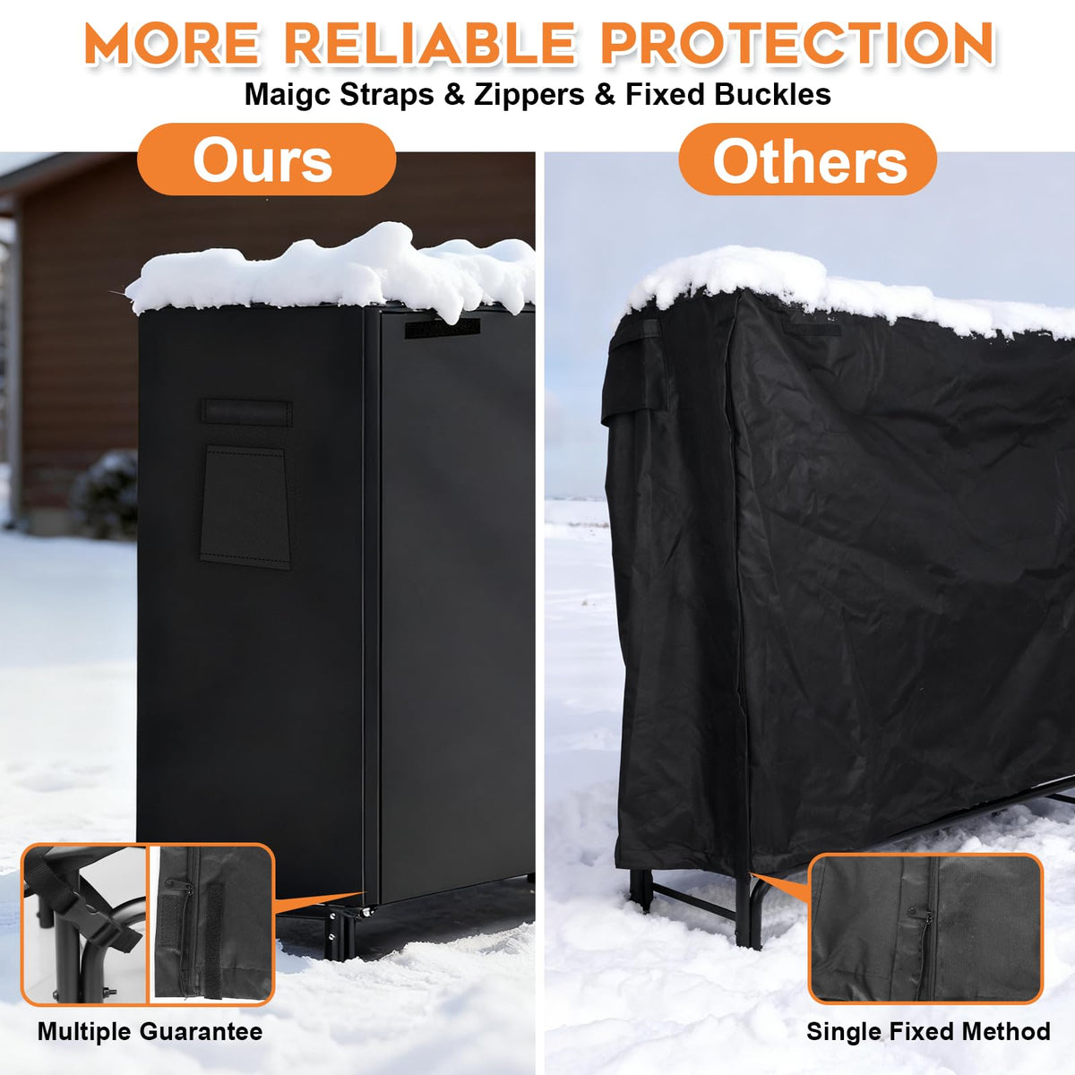 Gtongoko firewood rack cover detail demonstrates reinforced seams for durability