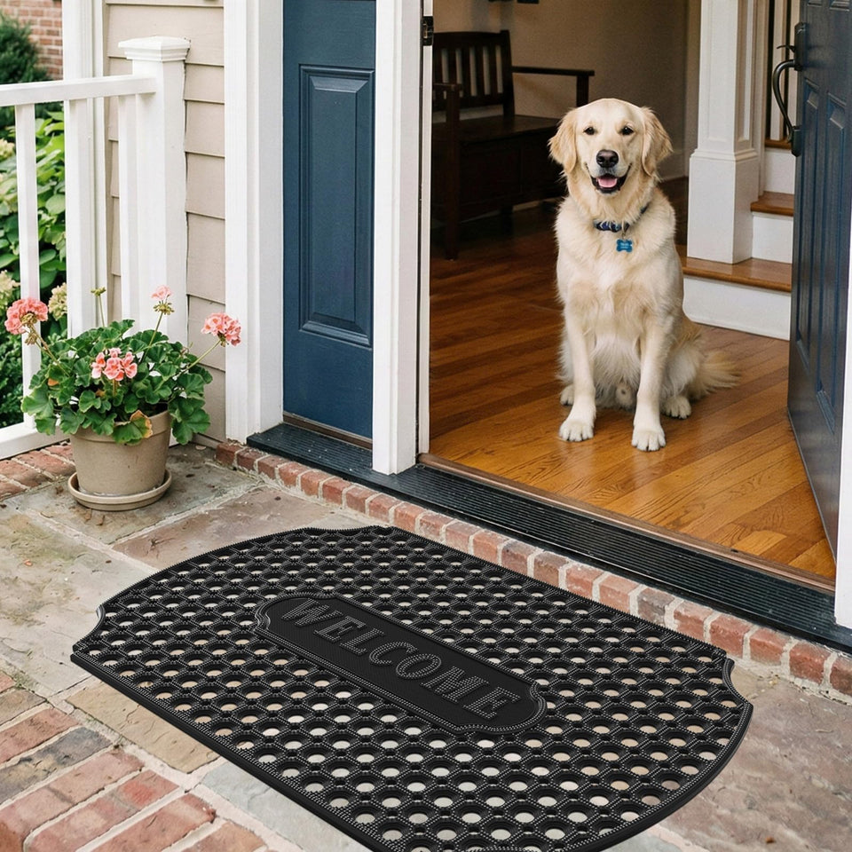 GTRY heavy-duty rubber door mat with drainage holes for fast drying after rain