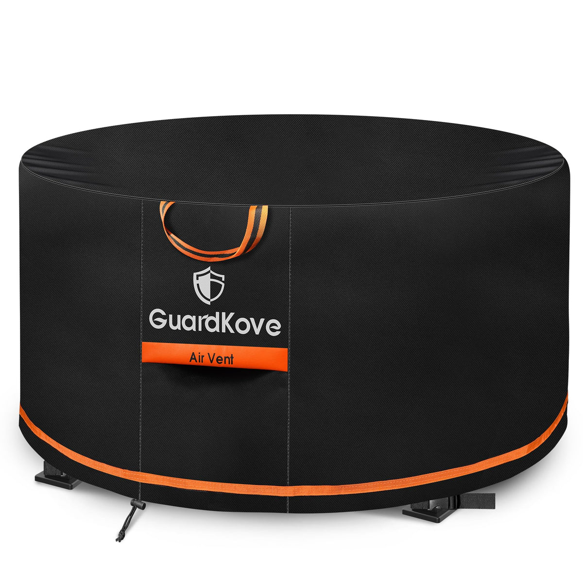 GuardKove 56-inch round fire pit cover with rugged 1000D fabric protecting from wind and rain.