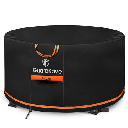 GuardKove 56-inch round fire pit cover with rugged 1000D fabric protecting from wind and rain.