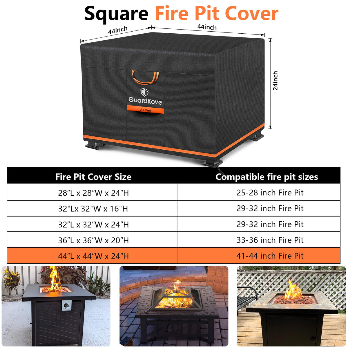 GuardKove 44in square fire pit cover side view stays secure in windy conditions