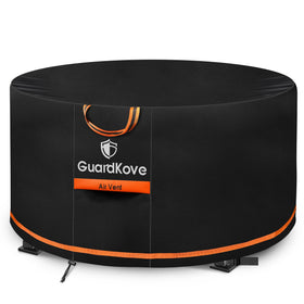 GuardKove 50-inch round fire pit cover on patio protects against weather.