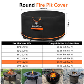 GuardKove round fire pit cover shows tight buckle strap for wind security.