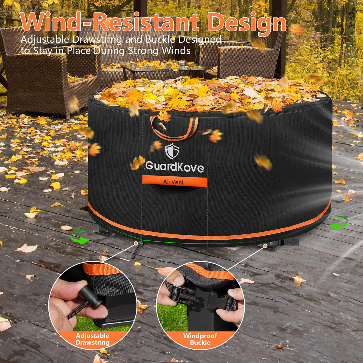 GuardKove black cover with orange trim adds modern patio style.