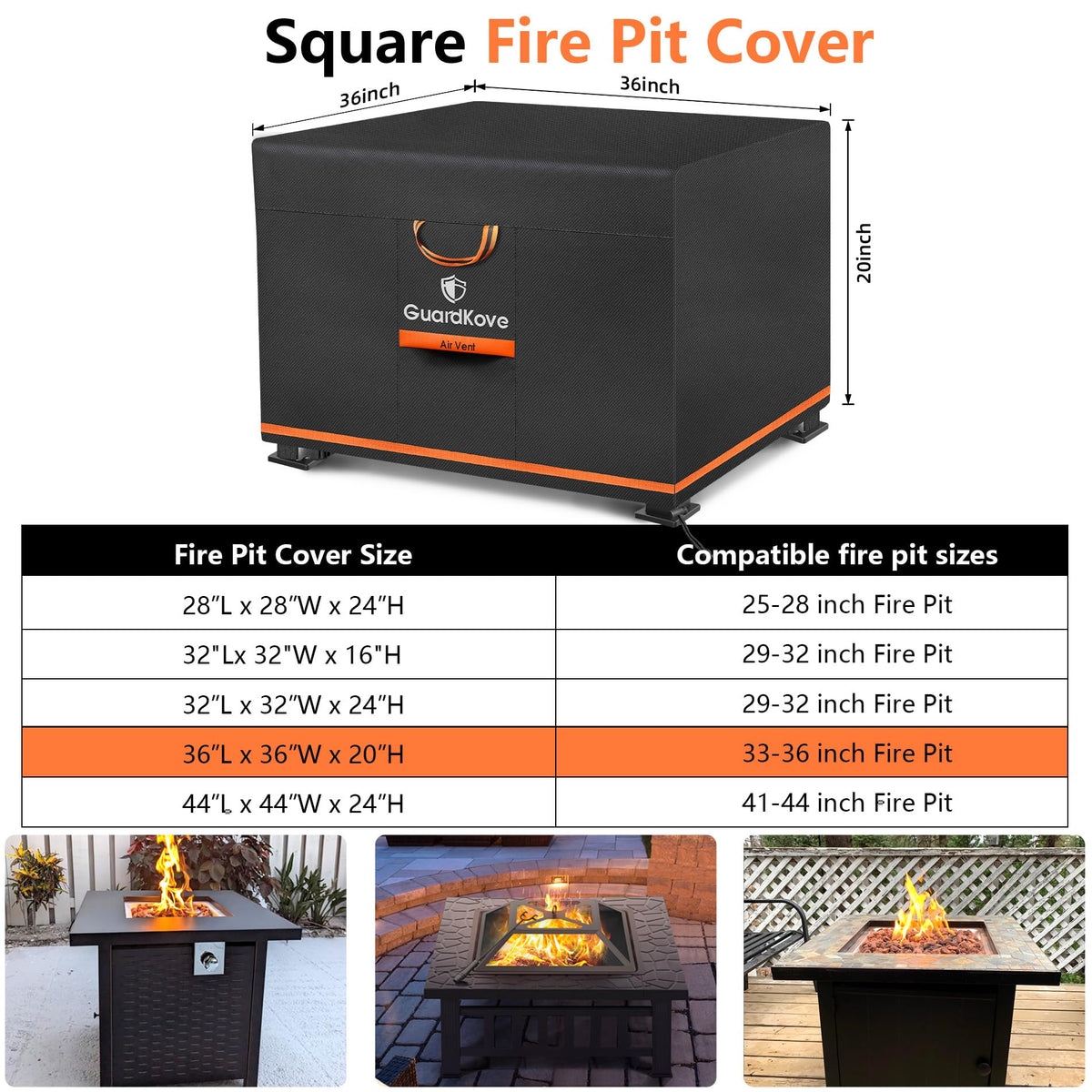 GuardKove square fire pit cover shows buckle straps for a secure fit in windy conditions.
