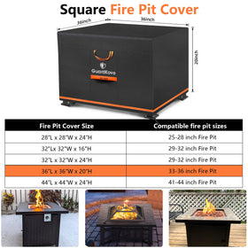 GuardKove square fire pit cover shows buckle straps for a secure fit in windy conditions.
