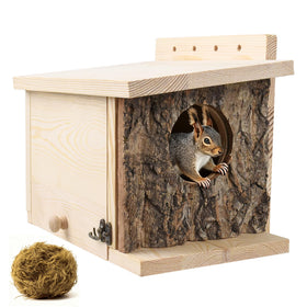GUBEARE Squirrel Nesting Box exterior with natural pine and bark texture for garden appeal