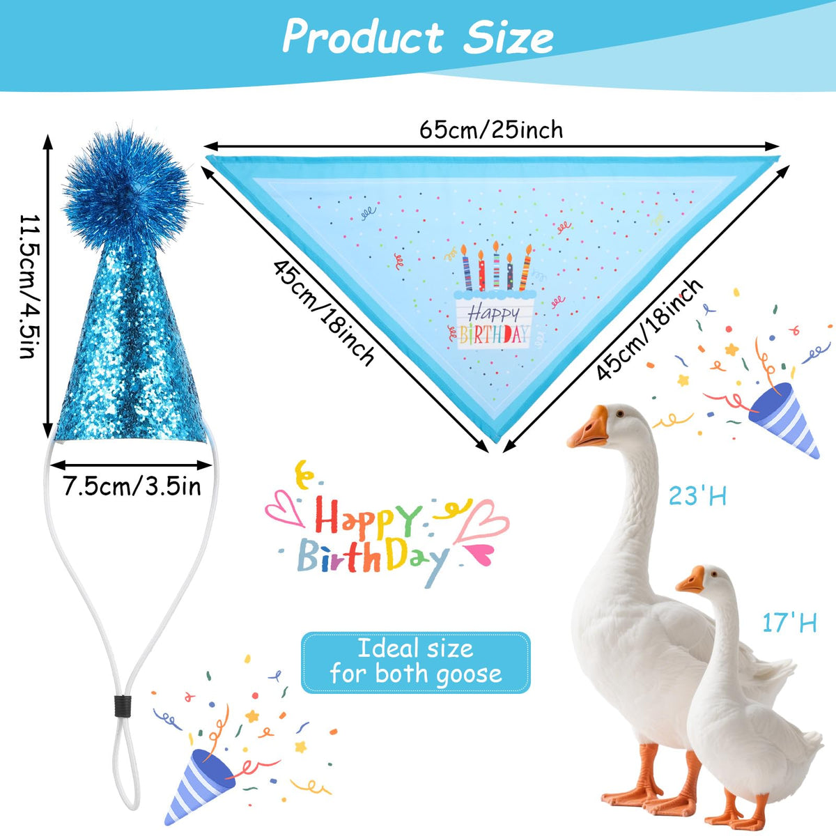 Guduling Birthday Goose Outfit Bandana blue adds festive cake motif appeal.