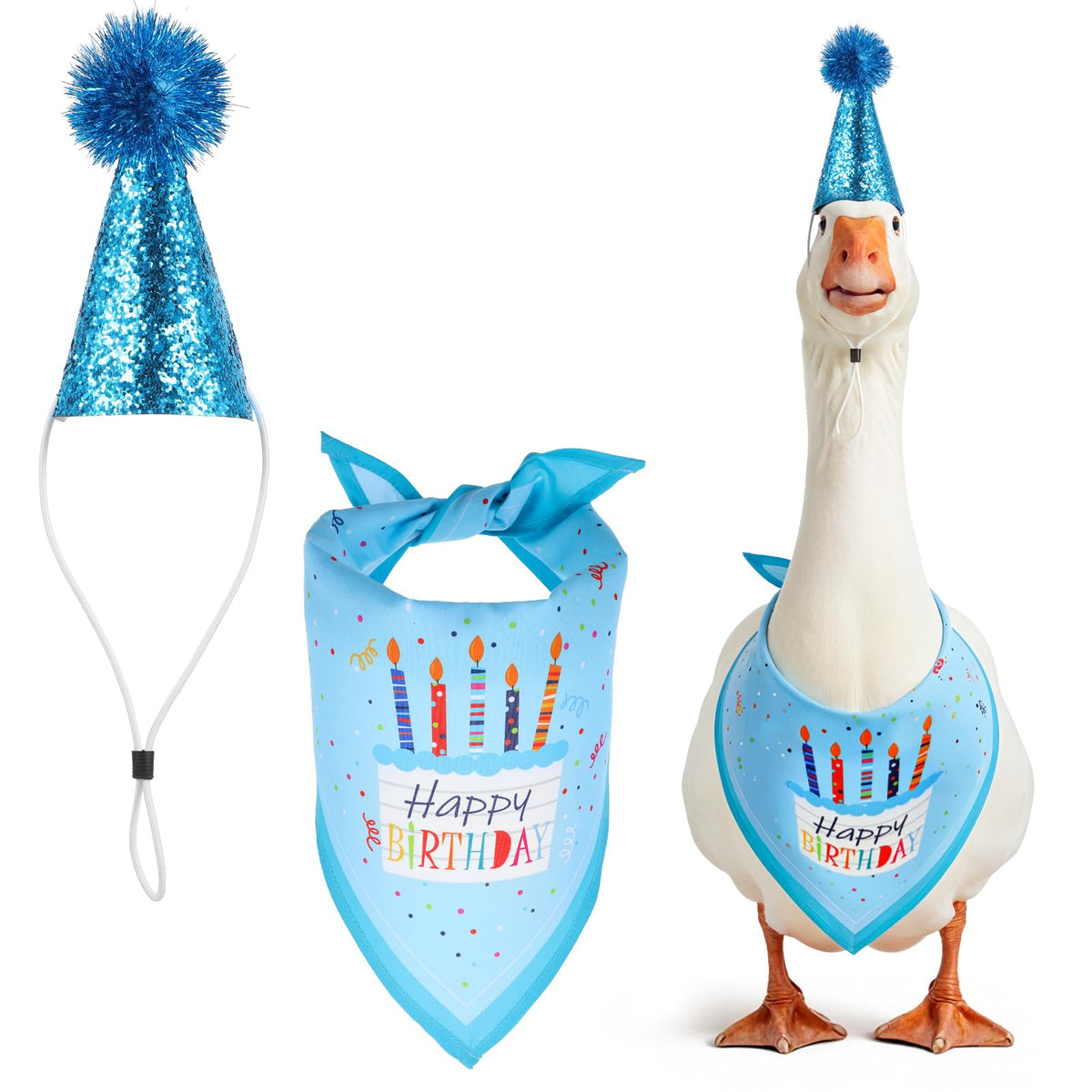 Guduling Birthday Goose Outfit Hat blue enhances yard decor for celebrations.
