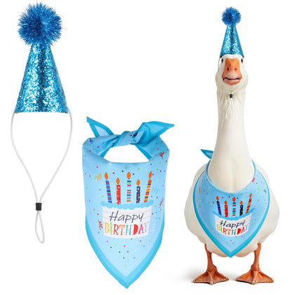 Guduling Birthday Goose Outfit Hat blue enhances yard decor for celebrations.