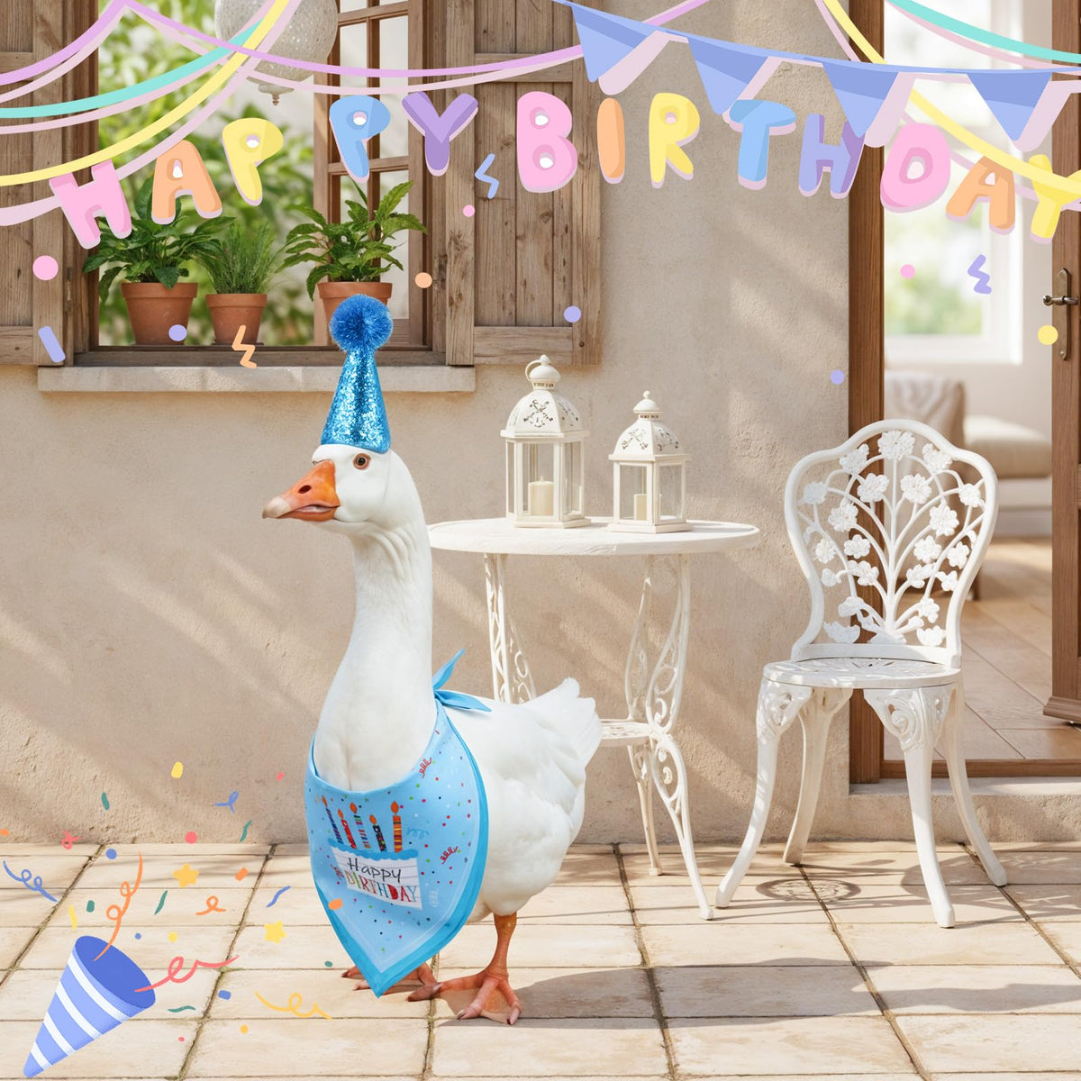 Guduling Garden decor with goose outfit adds seasonal charm.