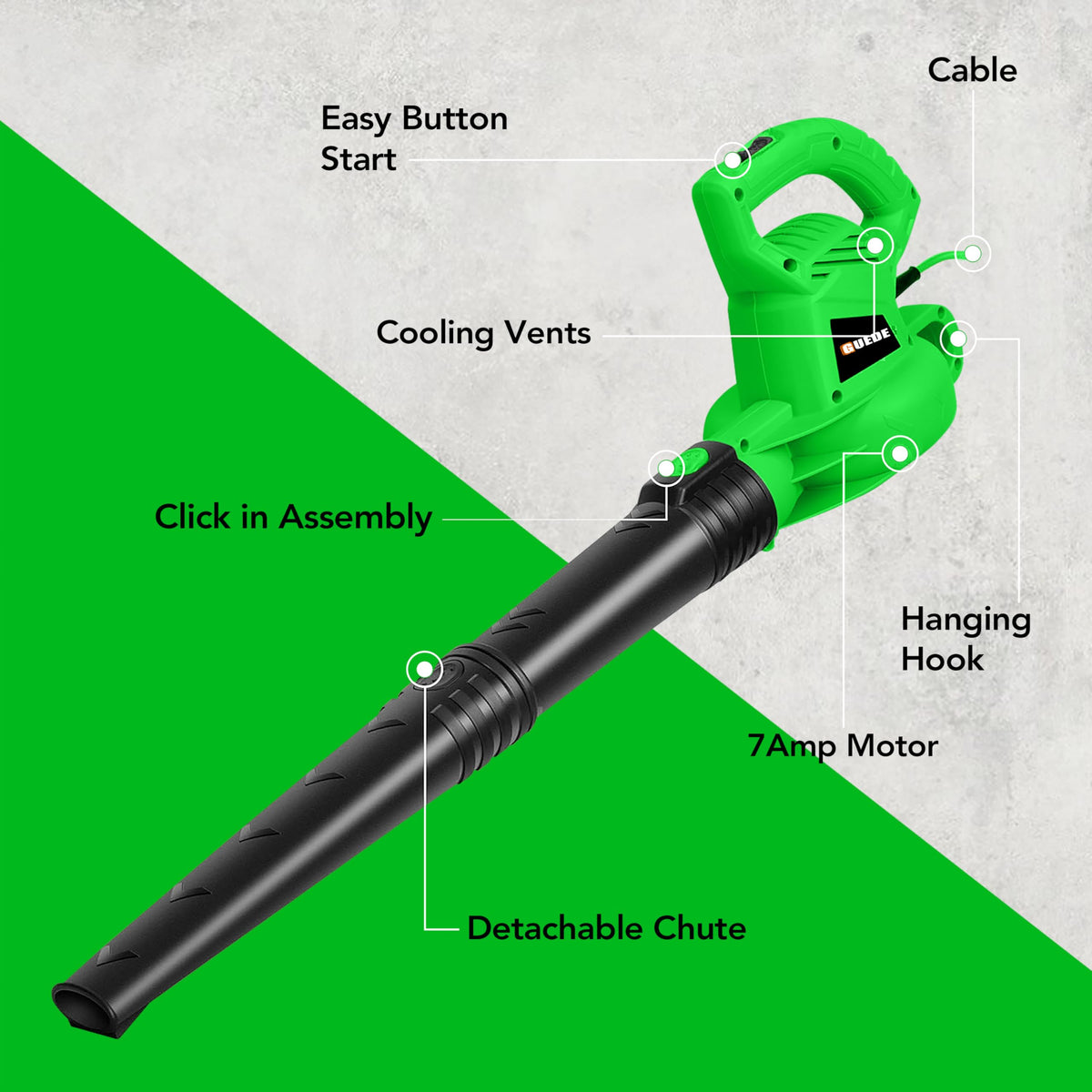 GUEDE Electric Leaf Blower handles driveway-clearing with steady power.