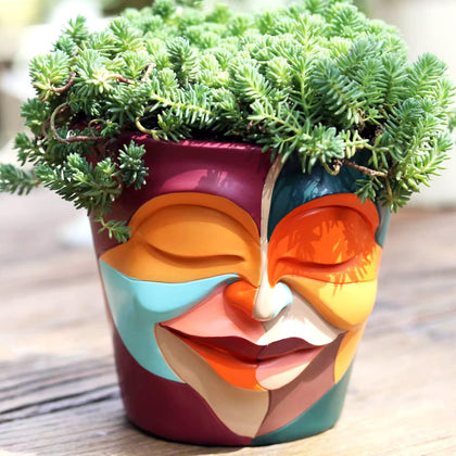 GUGUGO abstract rainbow head planter with sleepy face brightens any space.