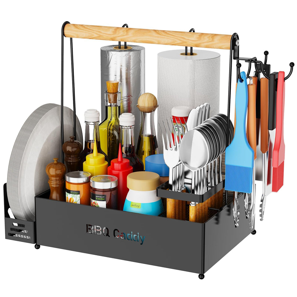 GUIBUKEYAN Grill Caddy front view showcasing organized condiment and utensil storage.
