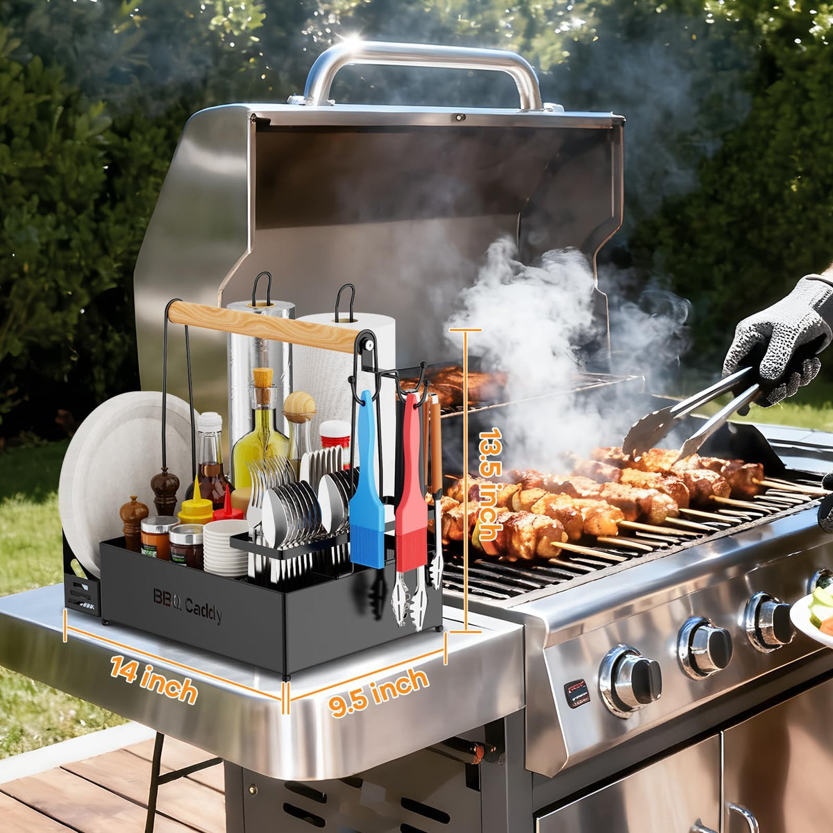 GUIBUKEYAN Grill Caddy open compartments for forks, spoons, and knives.