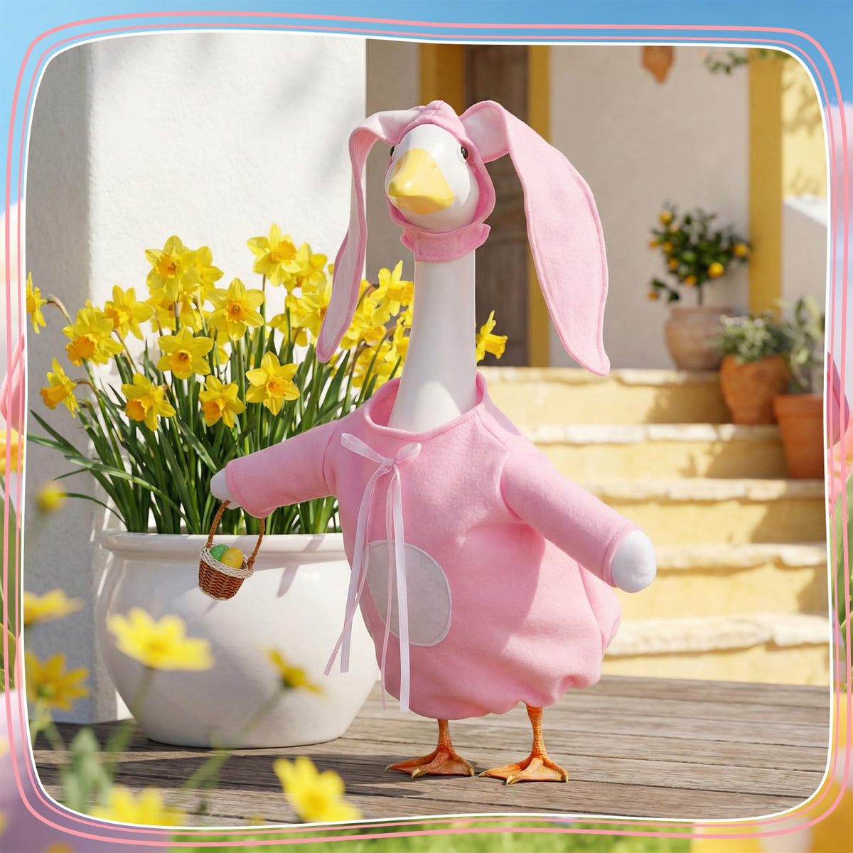 Guiqulai Easter Goose Outfit bunny hat adds playful spring charm to your outdoor display.