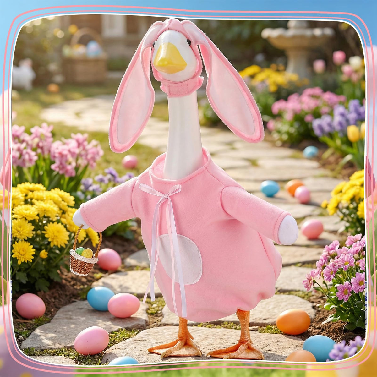 Guiqulai Easter Goose Outfit handmade basket highlights a whimsical Easter scene.