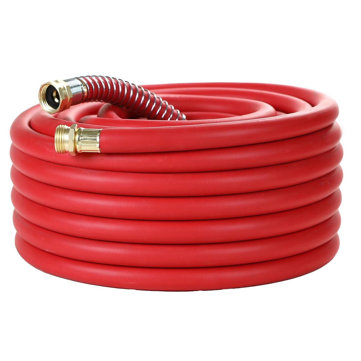 Guitrees 50ft red hose coil ready for outdoor watering tasks.