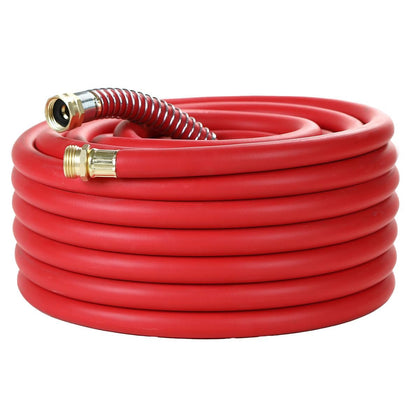 Guitrees 50ft red hose coil ready for outdoor watering tasks.