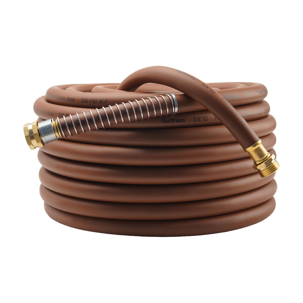 Guitrees brown garden hose stretched to show 90ft reach for wide yard watering.