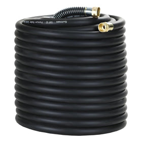 Guitrees heavy-duty rubber hose 200ft coiled, ready for garden watering.