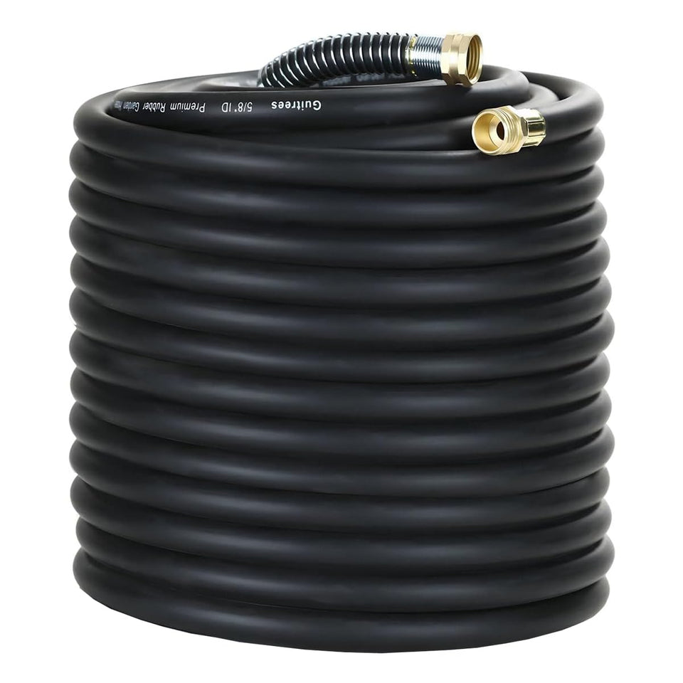 Guitrees heavy-duty rubber hose 200ft coiled, ready for garden watering.