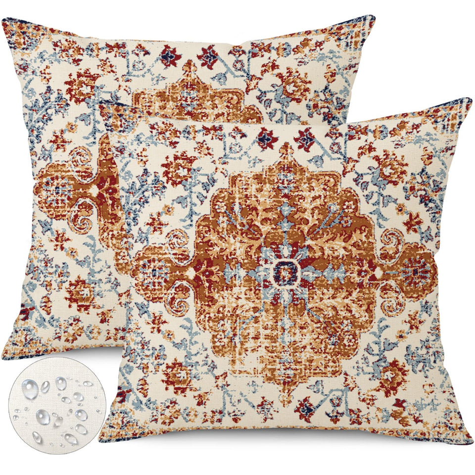 Gujiahone outdoor waterproof pillow cover in brown-blue bohemian pattern for patio decor.