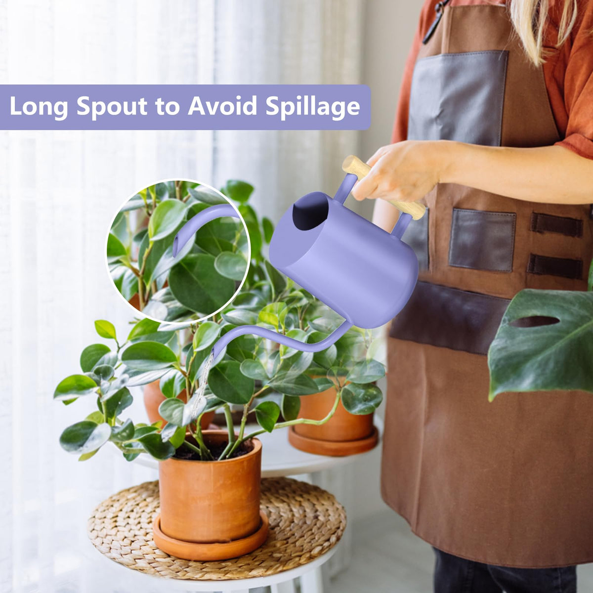GUKJOB watering can wooden handle close-up highlighting ergonomic grip